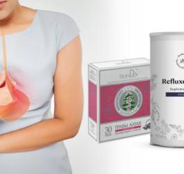 Kobieta cierpiąca na chorobę refluksową. Po prawe opakowania różnych suplementów na refluks.